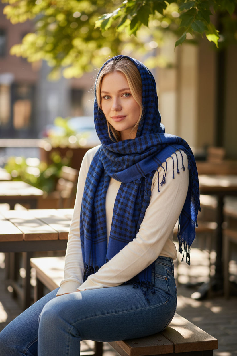 Royal Blue Check Brushed Scarf